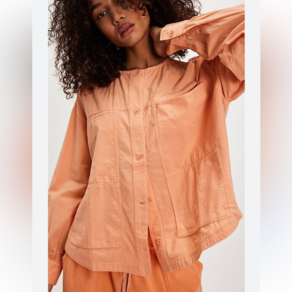 Free People Golden Hour Cotton Button-Up House Shirt in Melon